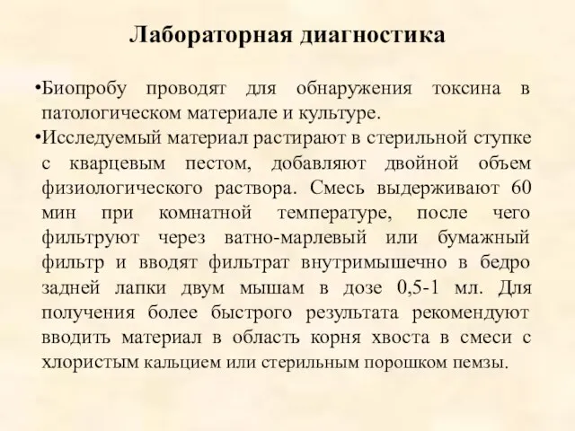 Лабораторная диагностика Биопробу проводят для обнаружения токсина в патологическом материале и