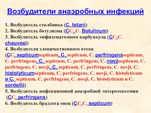 Возбудители анаэробных инфекций 1. Возбудитель столбняка (C. tetani) 2. Возбудитель ботулизма