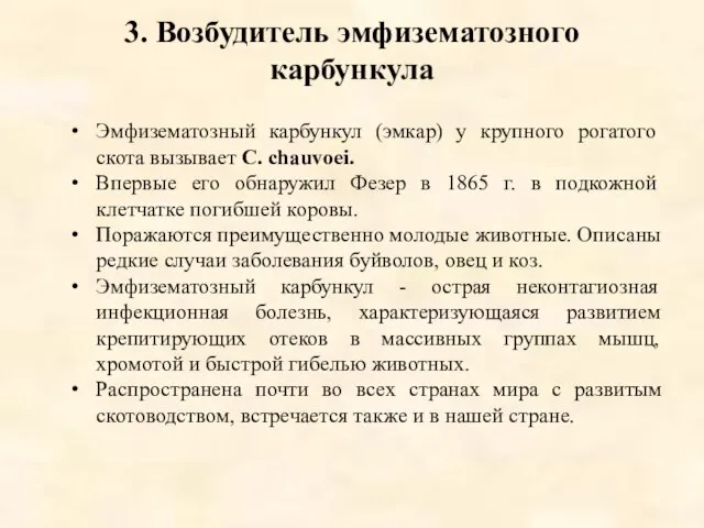 3. Возбудитель эмфизематозного карбункула Эмфизематозный карбункул (эмкар) у крупного рогатого скота