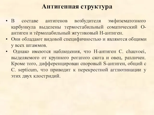 Антигенная структура В составе антигенов возбудителя эмфизематозного карбункула выделены термостабильный соматический