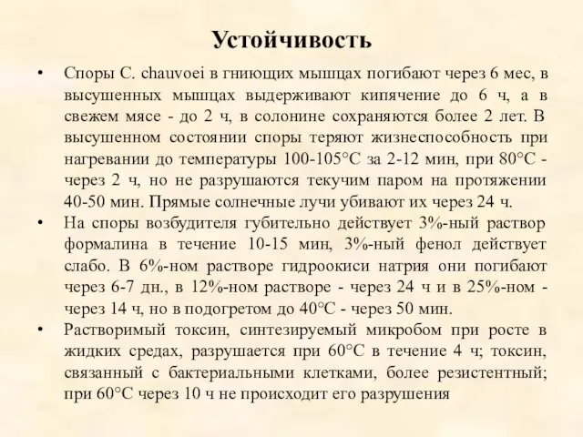 Устойчивость Споры С. chauvoei в гниющих мышцах погибают через 6 мес,