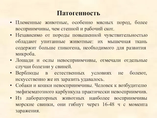 Патогенность Племенные животные, особенно мясных пород, более восприимчивы, чем степной и