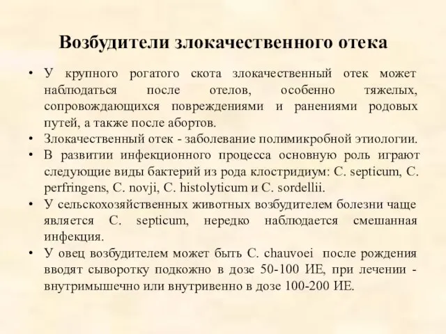 Возбудители злокачественного отека У крупного рогатого скота злокачественный отек может наблюдаться