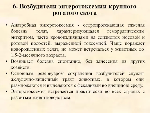 6. Возбудители энтеротоксемии крупного рогатого скота Анаэробная энтеротоксемия - остропротекающая тяжелая