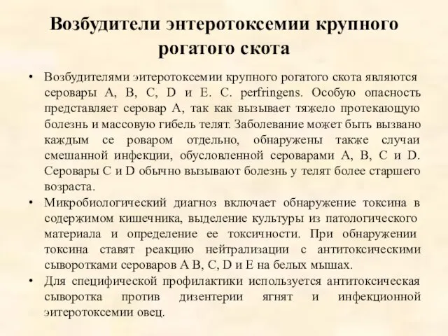 Возбудители энтеротоксемии крупного рогатого скота Возбудителями эитеротоксемии крупного рогатого скота являются