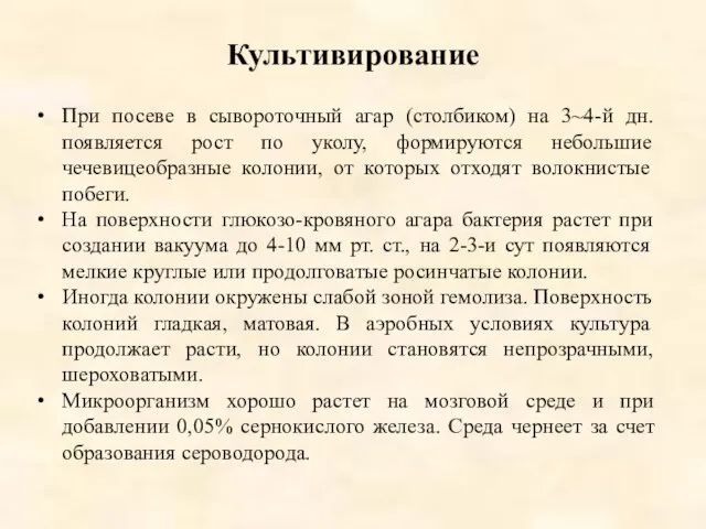 Культивирование При посеве в сывороточный агар (столбиком) на 3~4-й дн. появляется