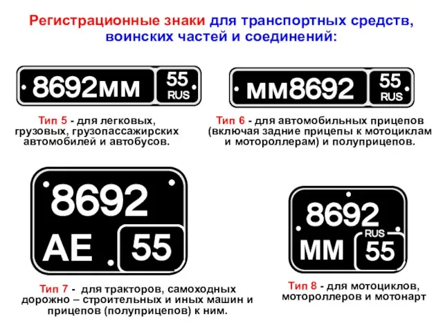 Тип 5 - для легковых, грузовых, грузопассажирских автомобилей и автобусов. Тип