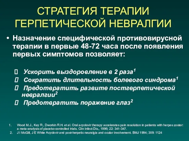 СТРАТЕГИЯ ТЕРАПИИ ГЕРПЕТИЧЕСКОЙ НЕВРАЛГИИ Назначение специфической противовирусной терапии в первые 48-72