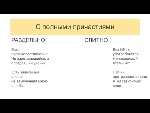 С полными причастиями РАЗДЕЛЬНО СЛИТНО Есть противопоставление: Не задержавшийся, а опоздавший