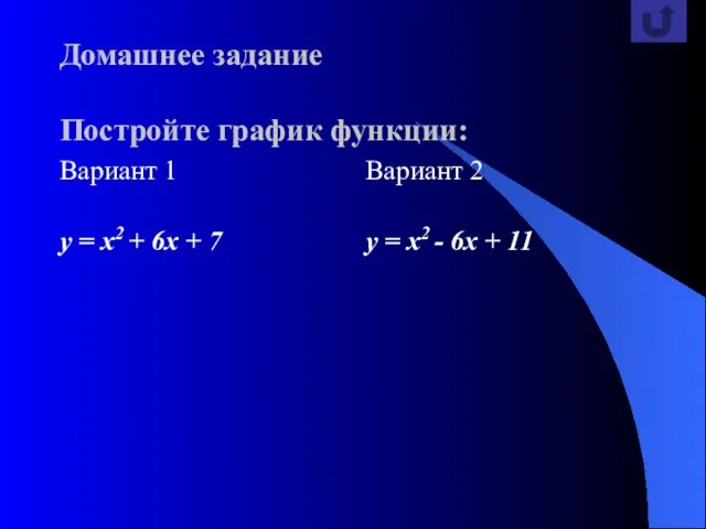 Домашнее задание Постройте график функции: Вариант 1 y = x2 +