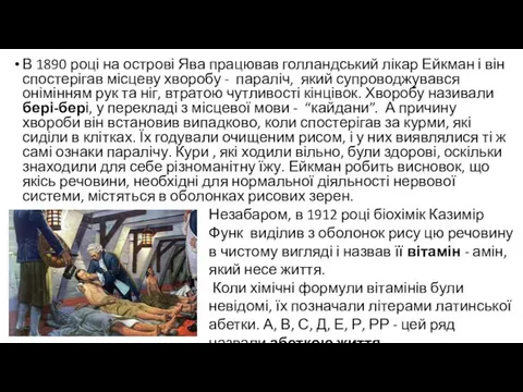 В 1890 році на острові Ява працював голландський лікар Ейкман і