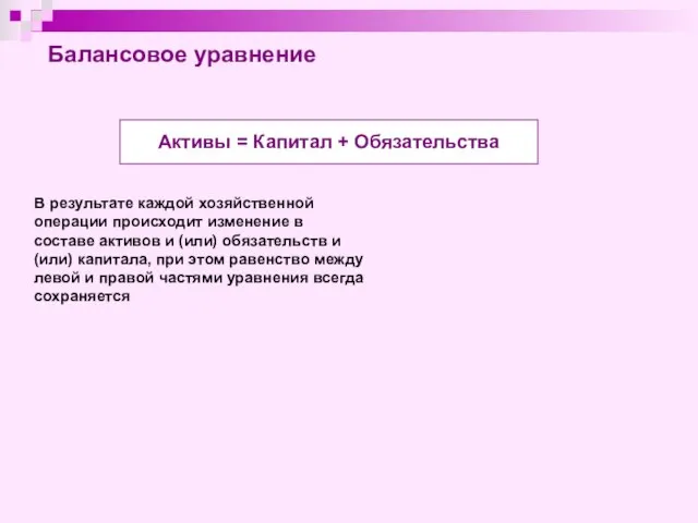 Балансовое уравнение Активы = Капитал + Обязательства В результате каждой хозяйственной