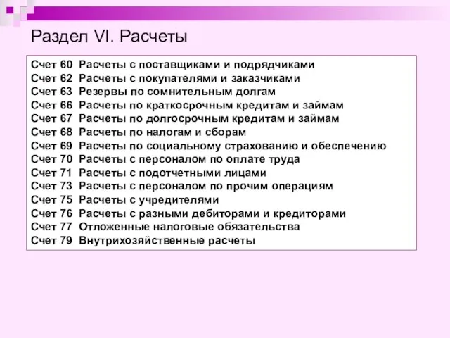 Раздел VI. Расчеты Счет 60 Расчеты с поставщиками и подрядчиками Счет