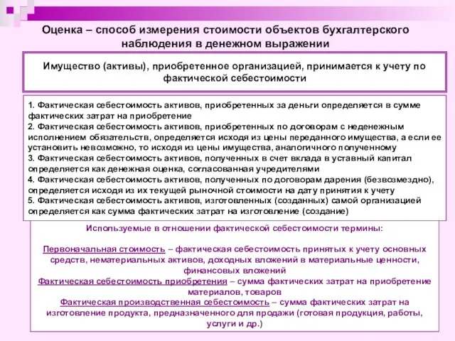 Оценка – способ измерения стоимости объектов бухгалтерского наблюдения в денежном выражении