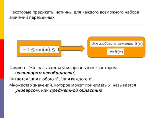 Некоторые предикаты истинны для каждого возможного набора значений переменных Символ ∀х