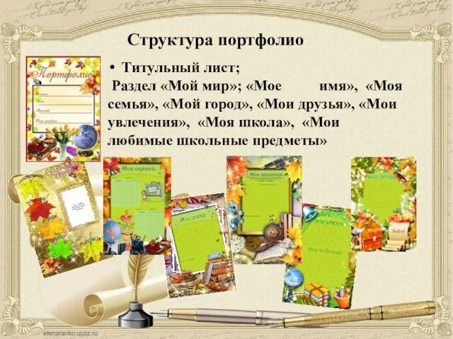 Титульный лист; Раздел «Мой мир»; «Мое имя», «Моя семья», «Мой город»,