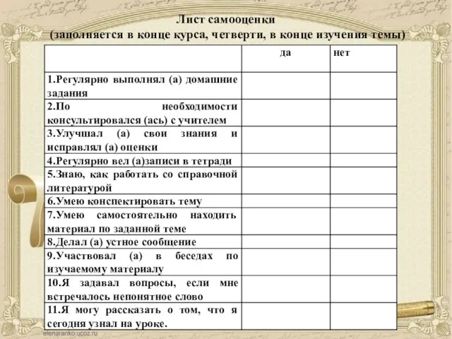 Лист самооценки (заполняется в конце курса, четверти, в конце изучения темы)