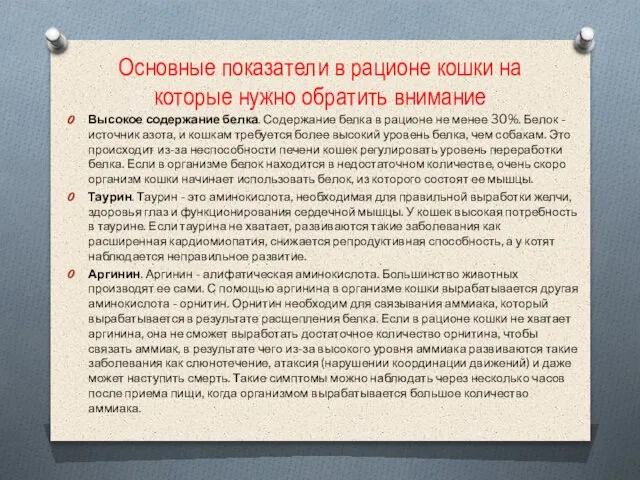 Основные показатели в рационе кошки на которые нужно обратить внимание Высокое