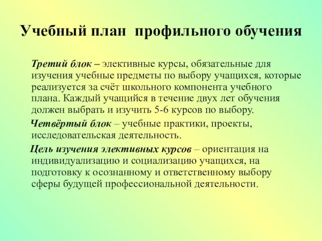 Учебный план профильного обучения Третий блок – элективные курсы, обязательные для