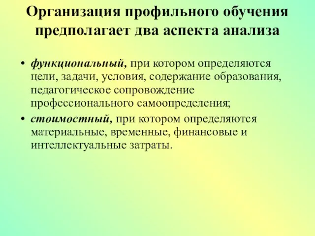 Организация профильного обучения предполагает два аспекта анализа функциональный, при котором определяются