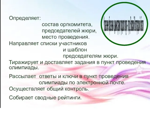 Определяет: состав оргкомитета, председателей жюри, место проведения. Направляет списки участников и