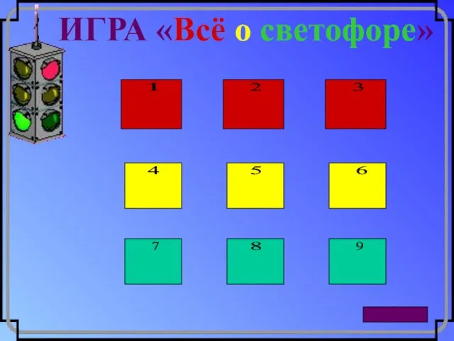 ИГРА «Всё о светофоре» 1 2 3 4 5 6 9 8 7