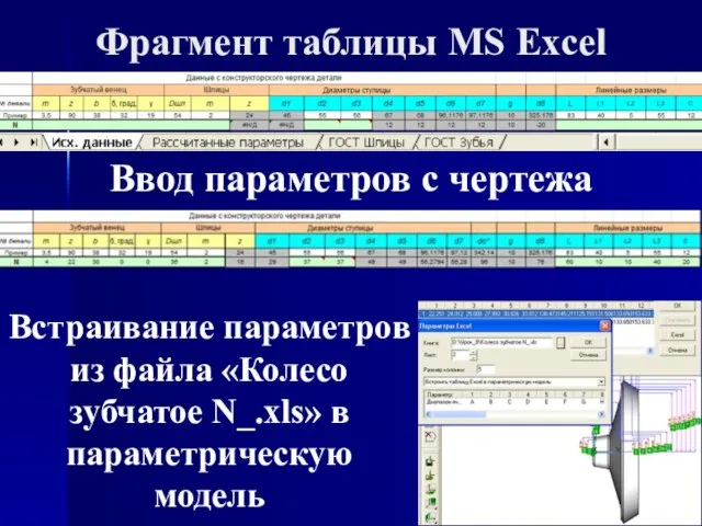 Фрагмент таблицы MS Excel Ввод параметров с чертежа Встраивание параметров из