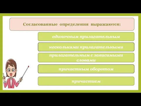 Согласованные определения выражаются: одиночным прилагательным несколькими прилагательными прилагательным с зависимыми словами причастным оборотом причастием