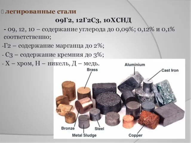 легированные стали 09Г2, 12Г2С3, 10ХСНД - 09, 12, 10 – содержание