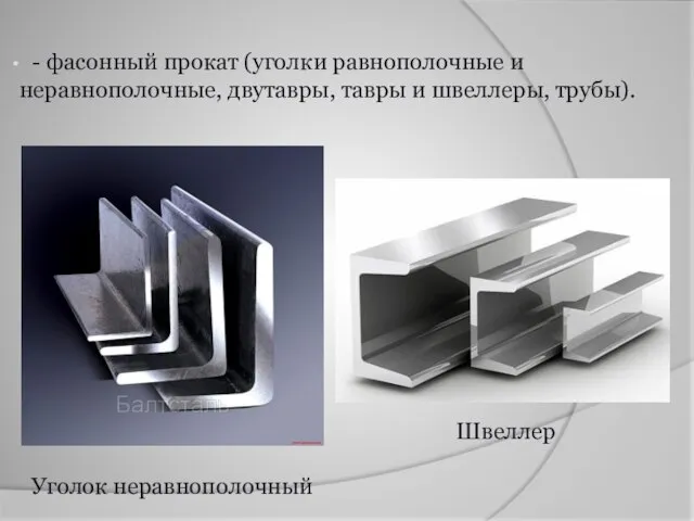 - фасонный прокат (уголки равнополочные и неравнополочные, двутавры, тавры и швеллеры, трубы). Швеллер Уголок неравнополочный