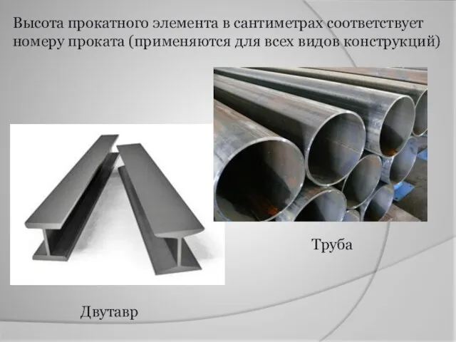Высота прокатного элемента в сантиметрах соответствует номеру проката (применяются для всех видов конструкций) Труба Двутавр