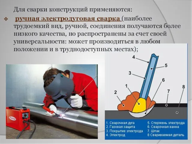 Для сварки конструкций применяются: ручная электродуговая сварка (наиболее трудоемкий вид, ручной,