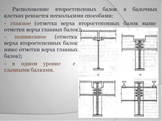 Расположение второстепенных балок в балочных клетках решается несколькими способами: - этажное