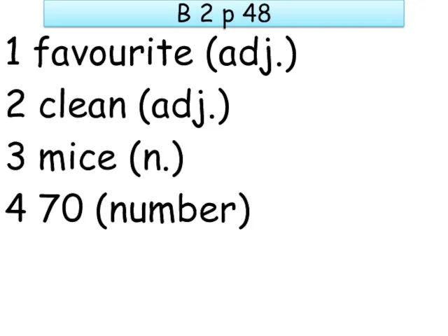 B 2 p 48 1 favourite (adj.) 2 clean (adj.) 3 mice (n.) 4 70 (number)