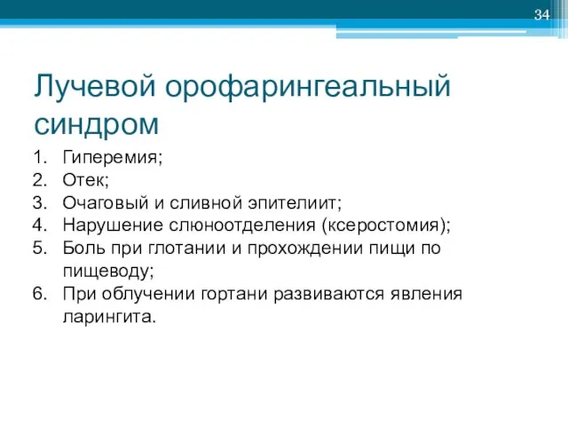 Лучевой орофарингеальный синдром Гиперемия; Отек; Очаговый и сливной эпителиит; Нарушение слюноотделения