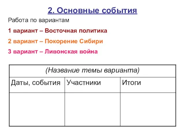 2. Основные события Работа по вариантам 1 вариант – Восточная политика