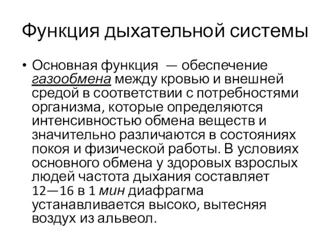 Функция дыхательной системы Основная функция — обеспечение газообмена между кровью и