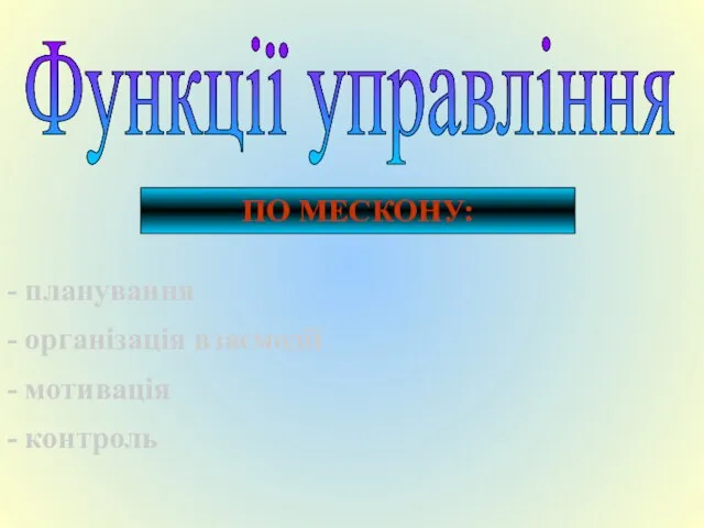 ПО МЕСКОНУ: Функції управління - планування - організація взаємодії - мотивація - контроль