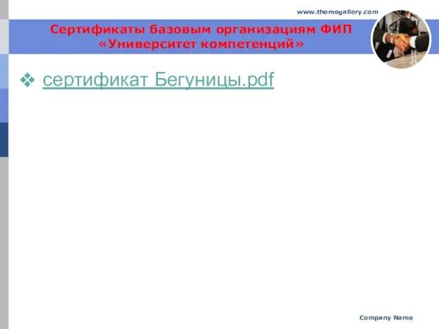 Сертификаты базовым организациям ФИП «Университет компетенций» сертификат Бегуницы.pdf Company Name www.themegallery.com