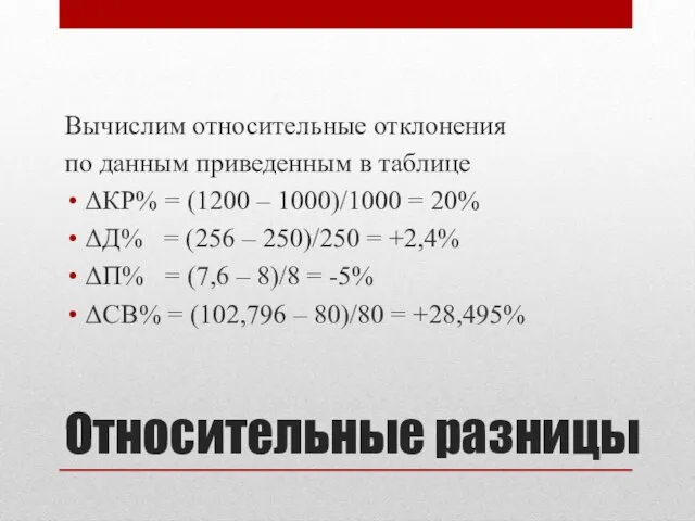 Относительные разницы Вычислим относительные отклонения по данным приведенным в таблице ΔКР%