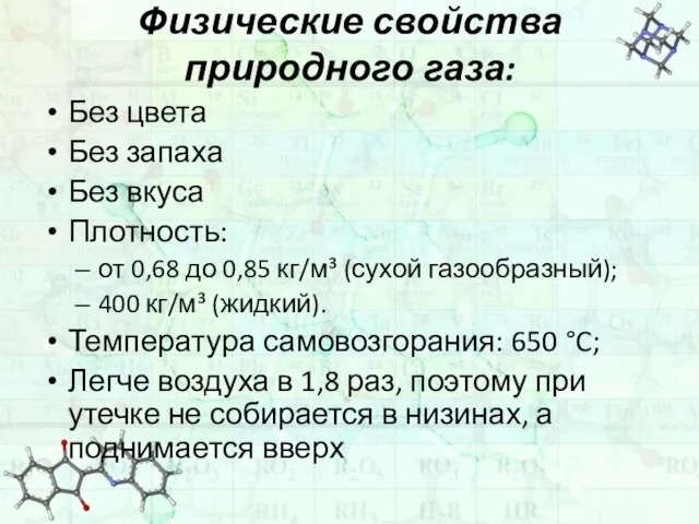 Физические свойства природного газа: Без цвета Без запаха Без вкуса Плотность: