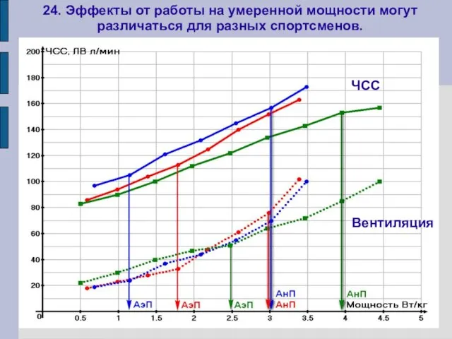 24. Эффекты от работы на умеренной мощности могут различаться для разных спортсменов. ЧСС Вентиляция