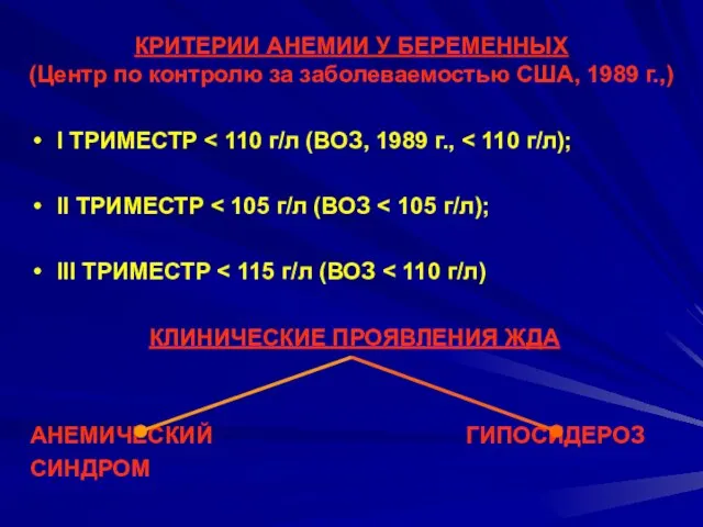 КРИТЕРИИ АНЕМИИ У БЕРЕМЕННЫХ (Центр по контролю за заболеваемостью США, 1989