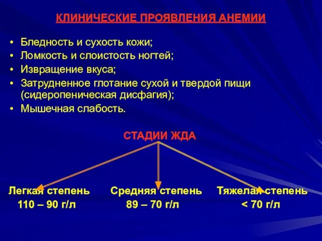 КЛИНИЧЕСКИЕ ПРОЯВЛЕНИЯ АНЕМИИ Бледность и сухость кожи; Ломкость и слоистость ногтей;