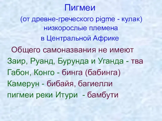 Пигмеи (от древне-греческого pigme - кулак) низкорослые племена в Центральной Африке