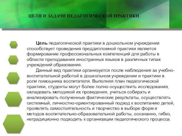 ЦЕЛИ И ЗАДАЧИ ПЕДАГОГИЧЕСКОЙ ПРАКТИКИ Цель педагогической практики в дошкольном учреждении