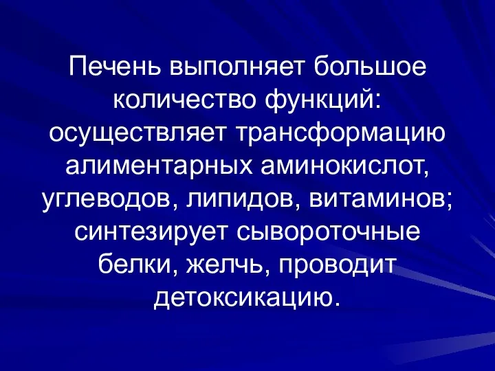 Печень выполняет большое количество функций: осуществляет трансформацию алиментарных аминокислот, углеводов, липидов,