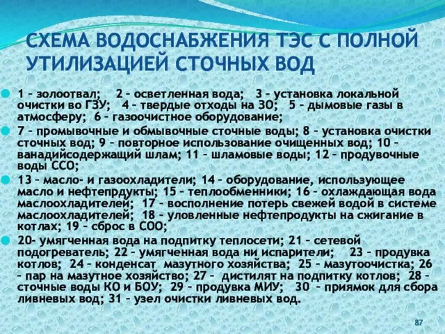 СХЕМА ВОДОСНАБЖЕНИЯ ТЭС С ПОЛНОЙ УТИЛИЗАЦИЕЙ СТОЧНЫХ ВОД 1 – золоотвал;