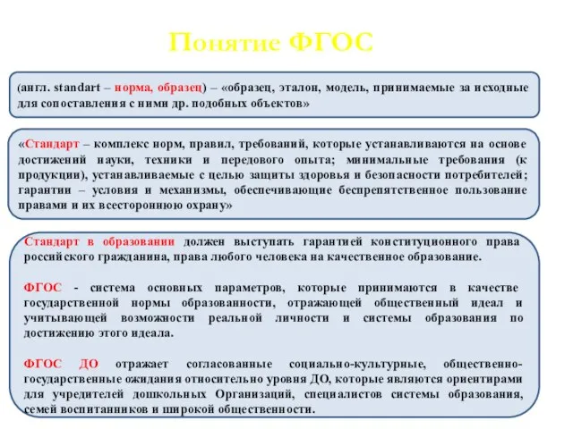 Понятие ФГОС (англ. standart – норма, образец) – «образец, эталон, модель,