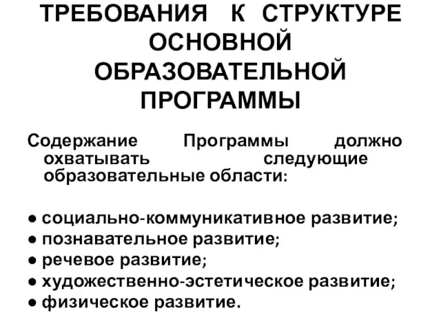 ТРЕБОВАНИЯ К СТРУКТУРЕ ОСНОВНОЙ ОБРАЗОВАТЕЛЬНОЙ ПРОГРАММЫ Содержание Программы должно охватывать следующие